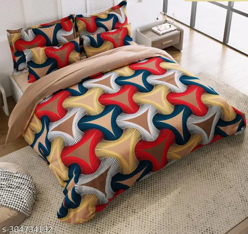 Multi-colored geometric design, premium cotton king size fitted bedsheets with 2 pillow covers, elastic, supersoft (72x78+10 inches)