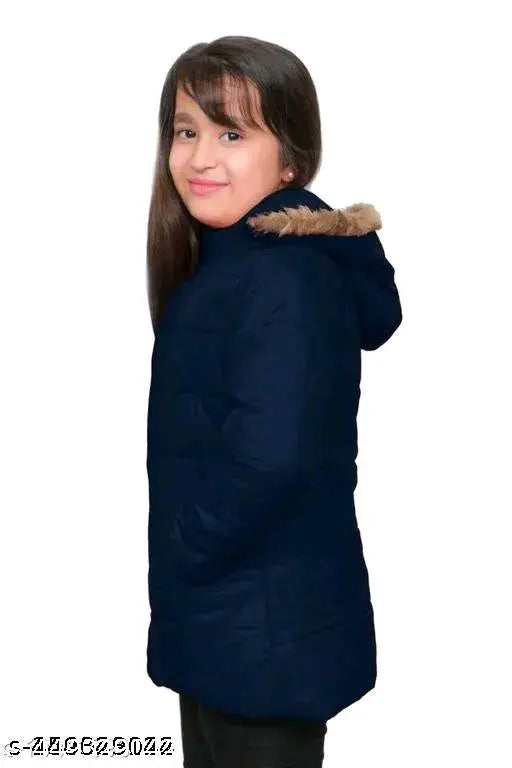 Navy blue nylon long sleeves solid jacket for girls' winter wear, India origin