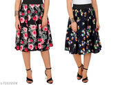 Navy blue and pink floral print mid-calf length women's skirt combo with black elasticated belt, crepe fabric, flared style, sizes: 26-34