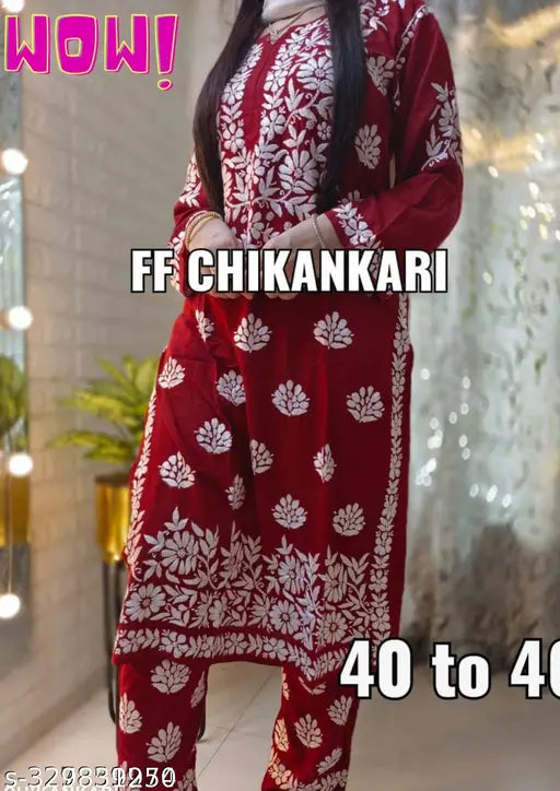 Embroidered rayon kurta pant with palazzos, festive full embroidery work on kurta and bottomwear, India origin