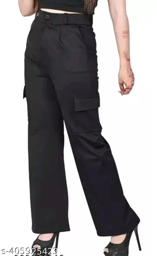 Name Women's premium cotton wide-leg cargo trousers, relaxed fit with insert pockets, solid navy blue color