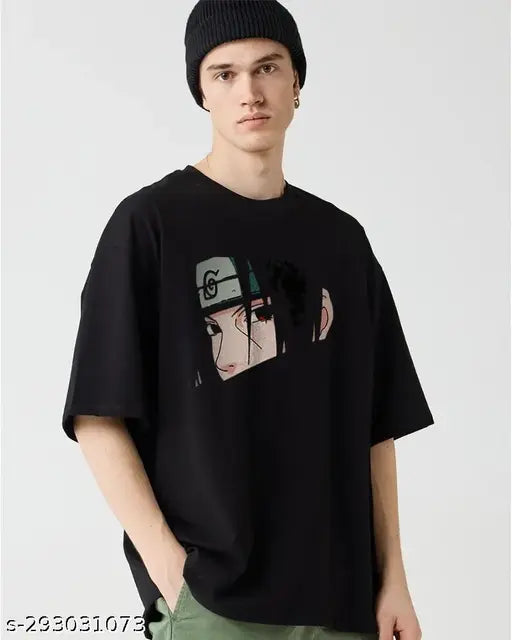 Cotton blend oversized Itachi Uchiha anime print t-shirt, loose fit with captivating graphics for men, India origin