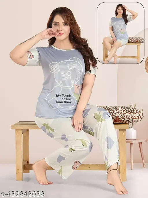 Synthetic imported animal print ladies' night pajama set with cartoon design, M/L/XXL sizes