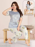 Synthetic imported animal print ladies' night pajama set with cartoon design, M/L/XXL sizes
