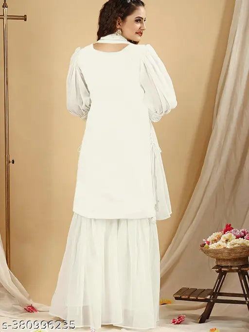 Georgette sequin-embellished women's side tieup kurta & Sharara set with dupatta, solid pattern, three-quarter sleeves