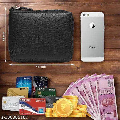 Black leather men's Fashion Link wallet, textured pattern, 5 compartments, 20cm x 17cm size