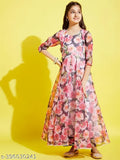Cherry Jerry Floral Printed Orgenza maxi dress for girls, three-quarter sleeves, polyester fabric in 8-9 years size