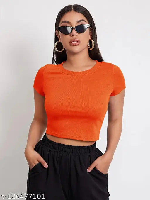 Women's cotton blend ribbed top, short sleeves, solid color, casual crop style - M (bust 38in, length 40in) or L (bust 40in, length 42in), made in India