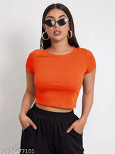 Women's cotton blend ribbed top, short sleeves, solid color, casual crop style - M (bust 38in, length 40in) or L (bust 40in, length 42in), made in India