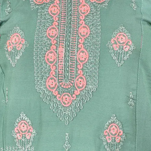 Girls allover rayon embroidered kurta set with trousers, featuring A-line top and three-quarter sleeves, available in sizes 4-16 years. Indian embroidered traditional wear for kids
