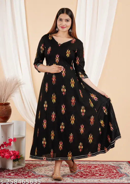 Rayon three-quarter sleeve women's printed kurti gown, vibrant Indian print design