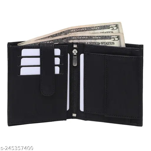 Black faux leather wallet for boys, 8 card slots, features credit, debit, ID pockets, and more. Regular size (12cm x 9cm)
