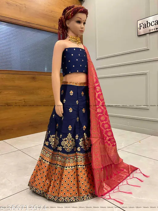 Blue Jacquard Lehnega choli for kids, semi-stitched art silk top with zari woven pattern and three-quarter sleeves, Indian traditional wear