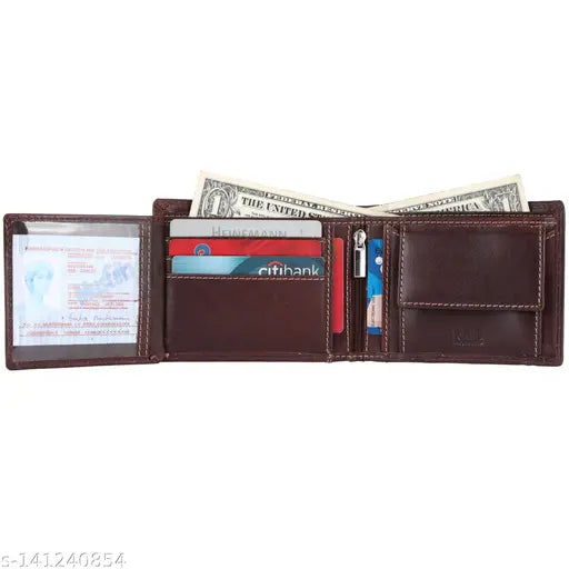 Brown leather RFID blocking wallet for men, 6 card slots, bi-fold design, slim profile, genuine leather, RFID protection technology