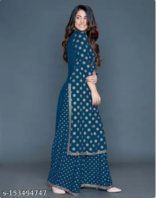Rayon Heena Khan Kurta set with printed net palazzos, three-quarter sleeves for women - size M, L, XL, XXL (bust sizes: 38in, 40in, 42in, 44in) - made in India