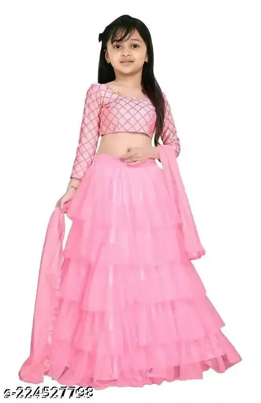 Pink satin lehenga choli with ruffle stitch & long sleeves for kids (8-9 yrs), Indian designer semi-stitched product