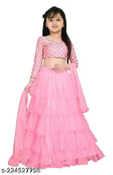 Pink satin lehenga choli with ruffle stitch & long sleeves for kids (8-9 yrs), Indian designer semi-stitched product