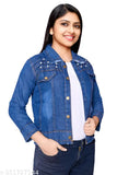 Denim women's jeans jacket, solid color, long sleeves - stylish choice for parties or functions