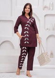 Embroidered wine cotton CoOrd set, intricately embellished women's ensemble with 3/4 sleeves, India origin