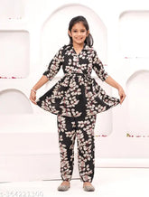 Cotton printed coord set for girls, loose-fitting kurta with bottomwear in self-design pattern. Indian origin, versatile and comfortable clothing for 7-13 years old