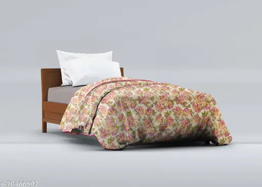 Cream rose flower print microfiber comforter, 150 GSM white single bed size (54x88 inches) - soft polyester for cozy comfort, made in India