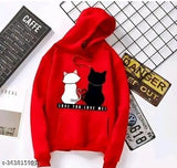 Red fleece long sleeve cat hoodie set for women, printed pattern featuring two cats