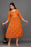 Rayon Anarkali kurti gown with trendy gaithering embroidery, three-quarter sleeves and printed pattern