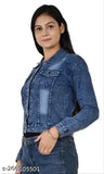 Blue denim jacket, long sleeves, dyed/washed for girls' versatile style