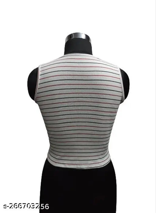 Lycra striped cut sleeve top, round neck, sleeveless, printed net pattern, size XS-M. Made in India