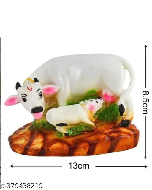 Fine grade Polyresin Kamadhenu Cow with Calf Statue, multicolor finish, decorative figurine for home temple décor