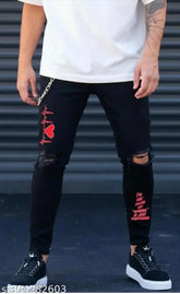 Red print cotton jeans with placement heart design, size 28 or 30, Indian origin