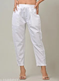 White and green combo cotton casual trousers set of 2 for women/girls, featuring pleats detailing, side pockets, and ankle length bottom fold. Comfortable and versatile for daily wear, work, office, travel, or casual occasions. Made of 100% cotton from India