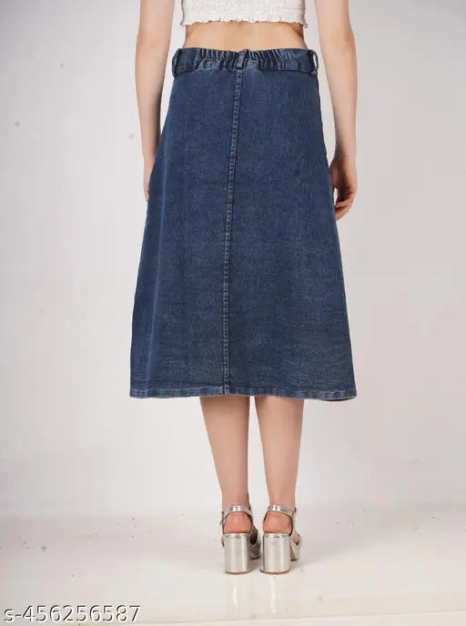 High-waisted flared denim skirt, solid dobby stretch fabric, versatile for women & girls clothing