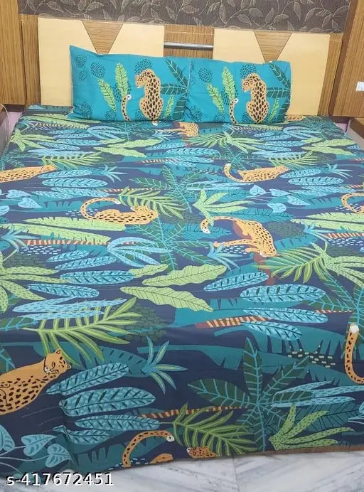 Jungle navy screen-printed, superfine 100% cotton flat sheets for summer - two pillow covers included, size: Double Queen (India)