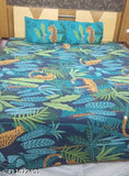 Jungle navy screen-printed, superfine 100% cotton flat sheets for summer - two pillow covers included, size: Double Queen (India)