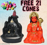 Resin Adiyogi and Hanuman ji backflow incense showpiece combo for home decor, includes 21 smoke cones (Indian-made)