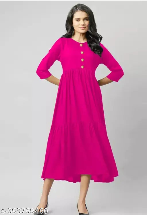 Rayon round pleated flared kurti, solid print design for women's fashion, three-quarter sleeve length