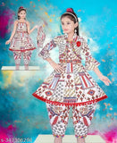 White cotton silk Anarkali dhoti pants set for girls, printed with festive motifs, best for Garbha, Navratri, and Diwali celebrations