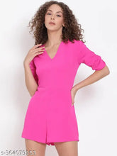 Pink women's polyester playsuit, solid color, regular fit on model