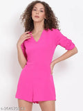 Pink polyester women's playsuit, solid color, short sleeves, regular fit, ideal for summer