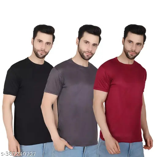 Men's polyester round neck t-shirts pack of 3, featuring solid colors for daily wear, morning walks, workouts, or casual outings. Sizes: S (36in x 26in), M (38in x 27in), L (40in x 28in), XL (42in x 29in), XXL (44in x 30in). Perfect for every hype beast wardrobe. ARG FASHIONS, India origin