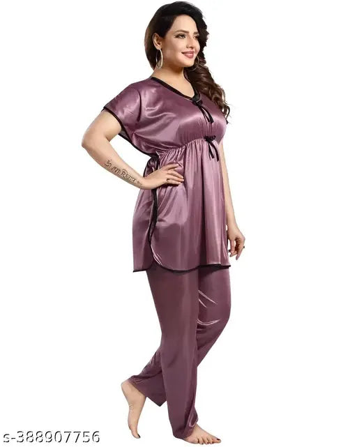 Purple satin kaftan sleepwear coord set, perfect for summer nights, Indian-made design