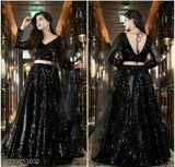 Embroidered black net semi-stitched Lehenga Choli set, intricately embellished traditional Indian women's outfit for weddings and festivals