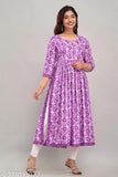 Purple rayon anarkali kurta for women with nayra cut, suitable for daily, party, casual, and office wear. Vibrant printed pattern on soft rayon-cotton fabric, available in multiple sizes