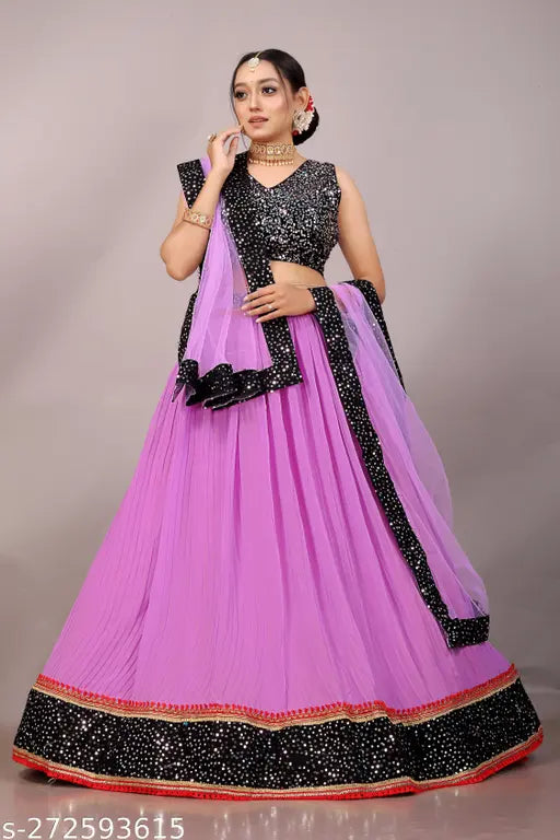Embroidered velvet and georgette Indian lehenga-choli set with net dupatta, semi-stitched (42m waist, 44m length)
