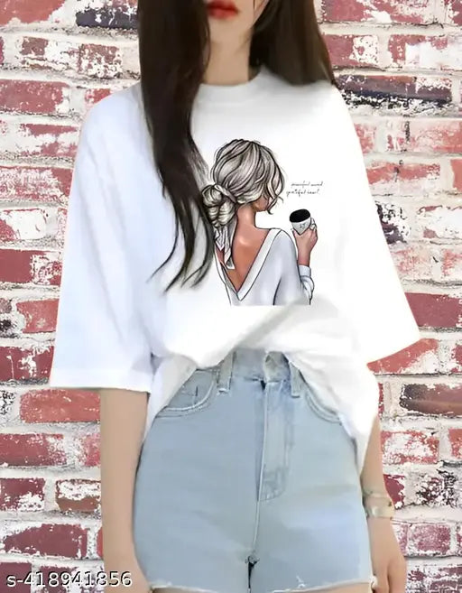 White oversized coffee-themed t-shirt for girls, polyester, short sleeves, printed design, size N, India origin