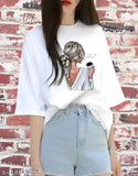 White oversized coffee-themed t-shirt for girls, polyester, short sleeves, printed design, size N, India origin