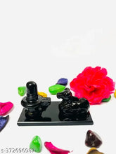 Handcrafted black crystal Shivling with Nandi idol, intricately painted Indian Shiva statue on pedestal (8 cm L x 4 cm H)