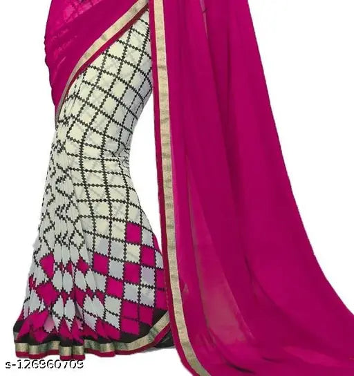 Printed Bollywood Georgette Chiffon Saree with separate blouse piece, half & half pattern, free size, India origin