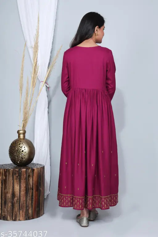 Rayon embroidered flared wine kurta, three-quarter sleeves, great for festive wear